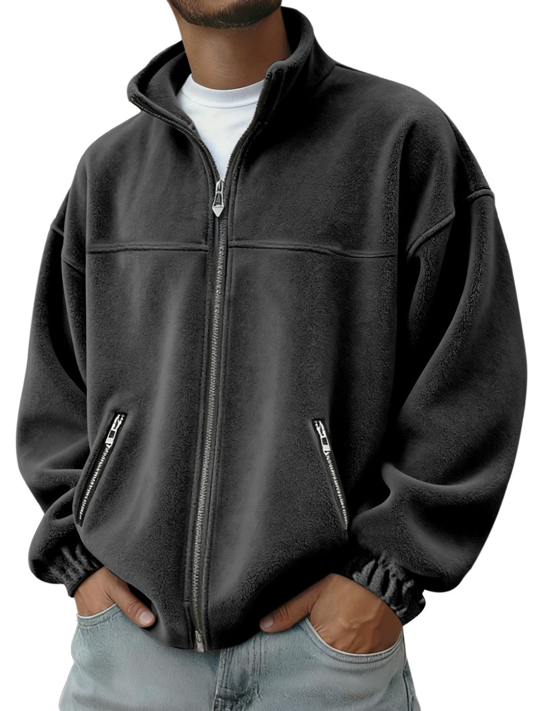 Men's Oversize Fleece Jacket with Stand-Up Collar, Full-Length Zipper and Zip Pockets EB