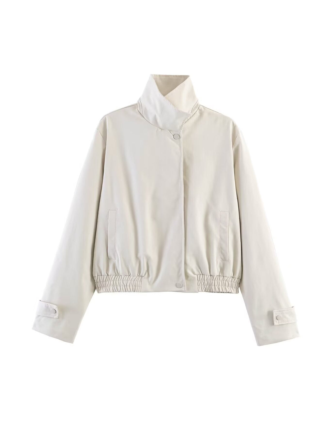 Ladies short jacket with high stand-up collar, elastic waistband and concealed snap button placket Mune Fashion