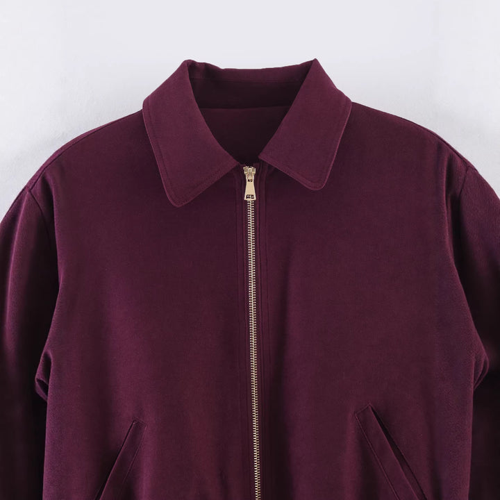 Women's short-cut velour bomber jacket with elastic waistband and full-length zipper Mune Fashion