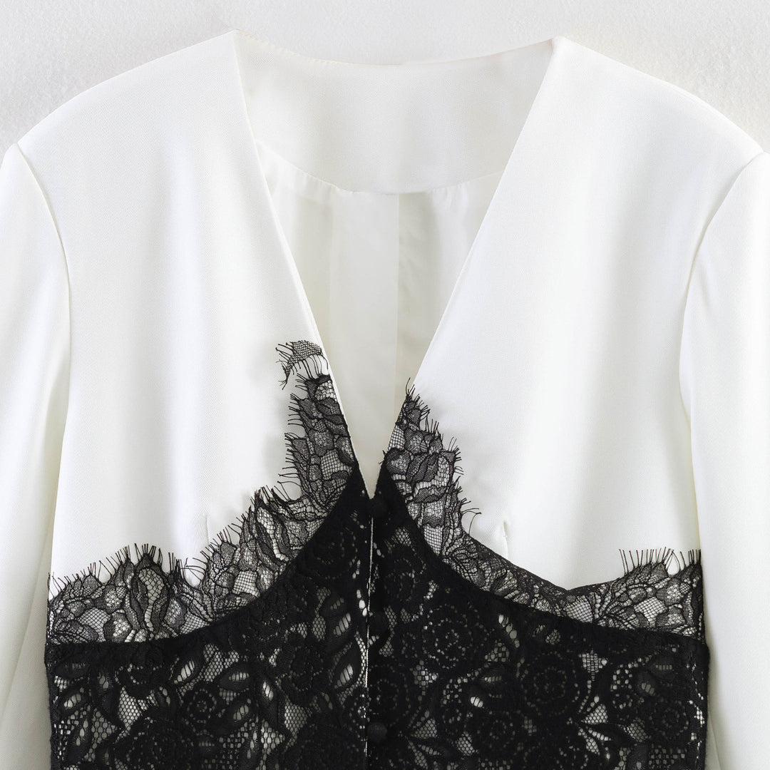 Ladies Tailored Blazer with Floral Lace Application and V-Neck Dress