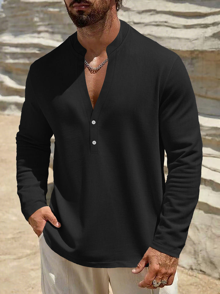 Men's loose-fitting tunic shirt with mandarin collar, two-button Henley placket, and light texture Mune Fashion