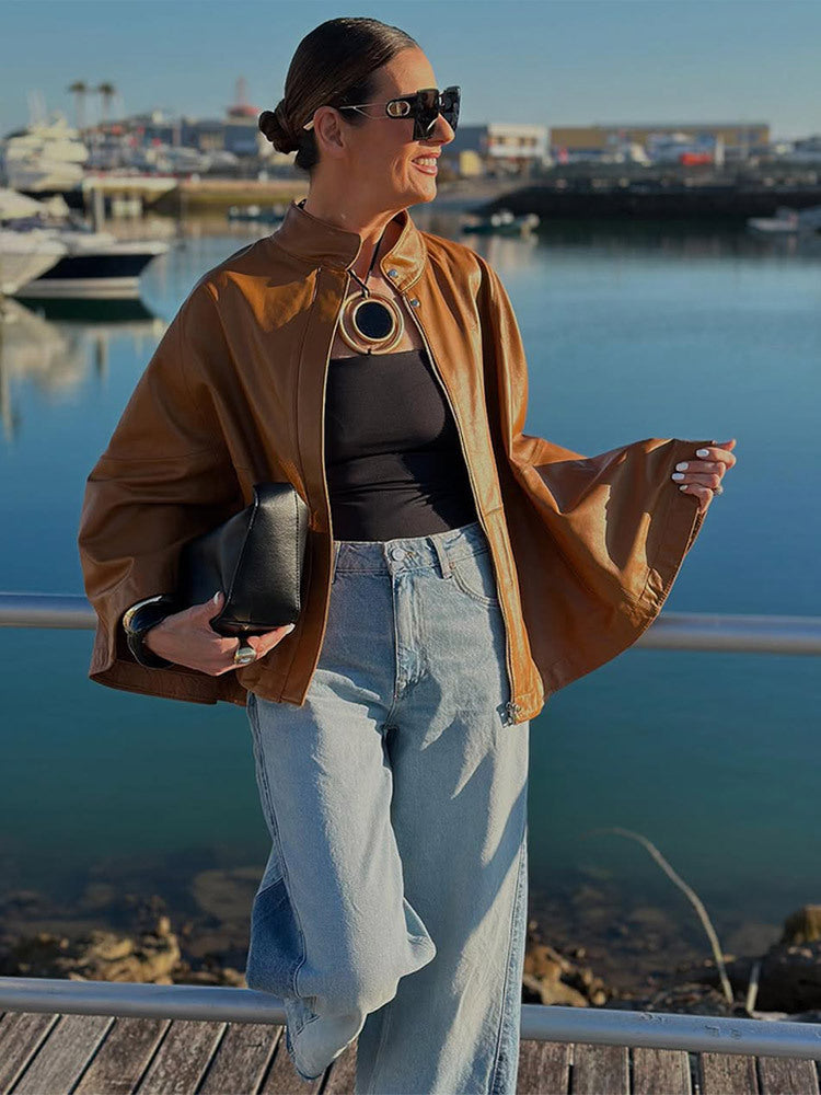 Women's Cape Sleeve Leather Jacket with Stand-up Collar Mune Fashion