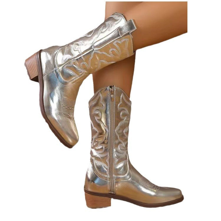 Women nan cowboy boots with mid-high block heel and side zipper Mune Fashion
