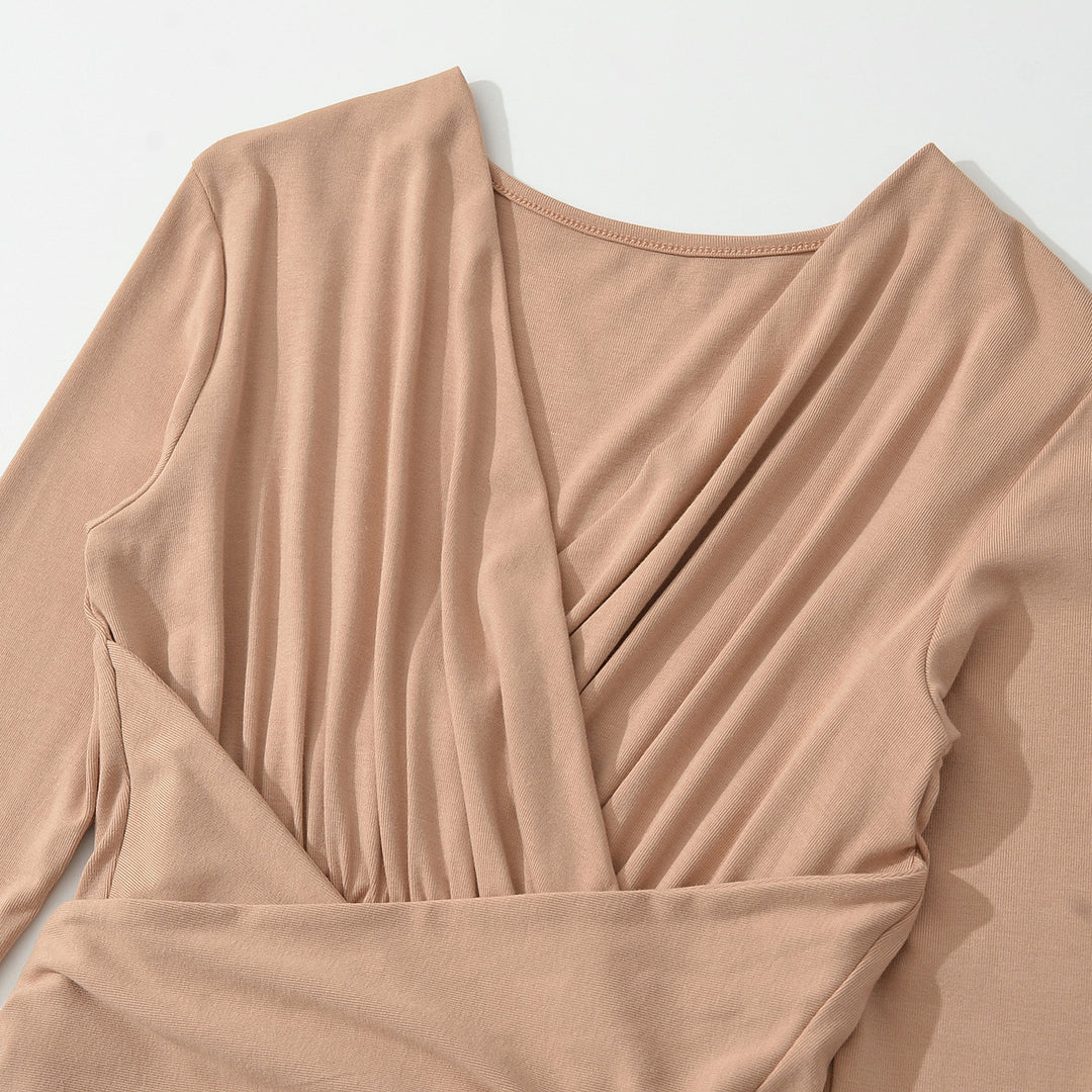 Women's Maxi Wrap Dress with Tailored Wrap Section and Long Sleeves Mune Fashion