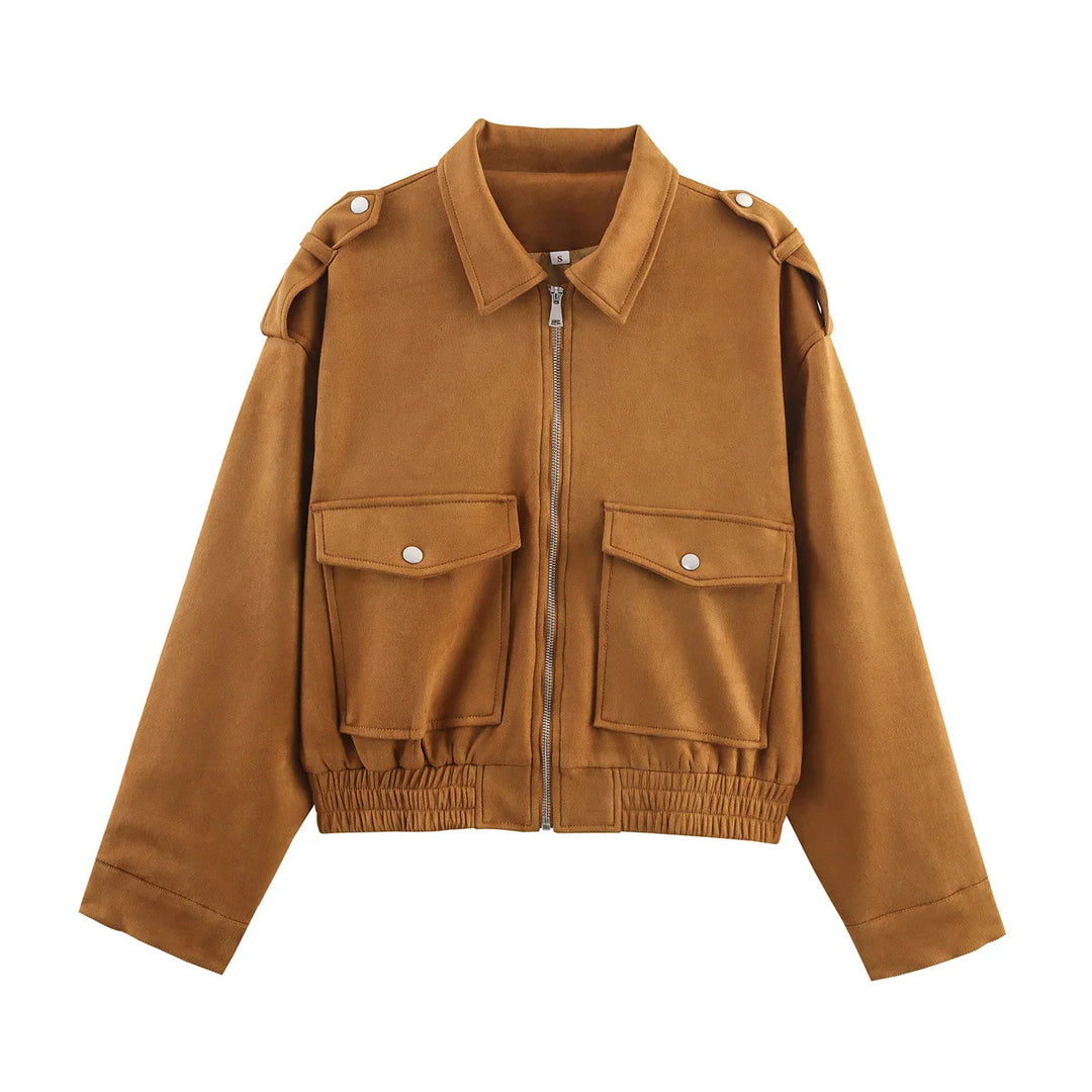 Women's cropped utility jacket with shoulder epaulettes, applied flap pockets, and elastic hem Mune Fashion