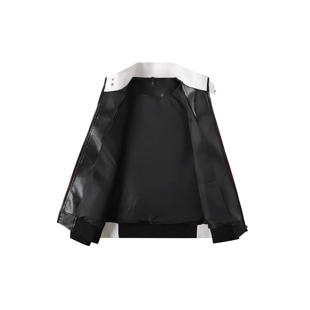 Men's Colorblock Faux Leather Bomber Jacket with Stand Collar and Double-Sided Zipper Mune Fashion