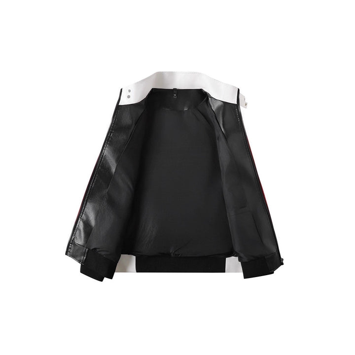 Men's Colorblock Faux Leather Bomber Jacket with Stand Collar and Double-Sided Zipper Mune Fashion