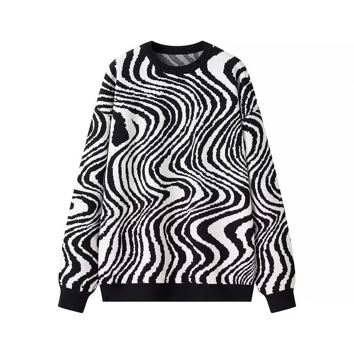Unisex loosely cut knitted sweater with abstract wave pattern and round neckline Mune Fashion