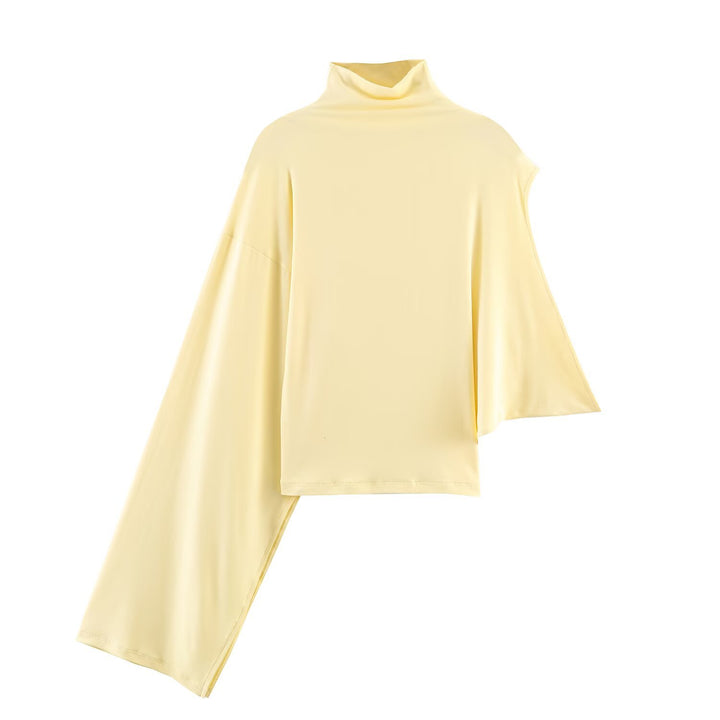 Ladies Asymmetrical Turtleneck Shirt with One-Arm Cape Detail Mune Fashion
