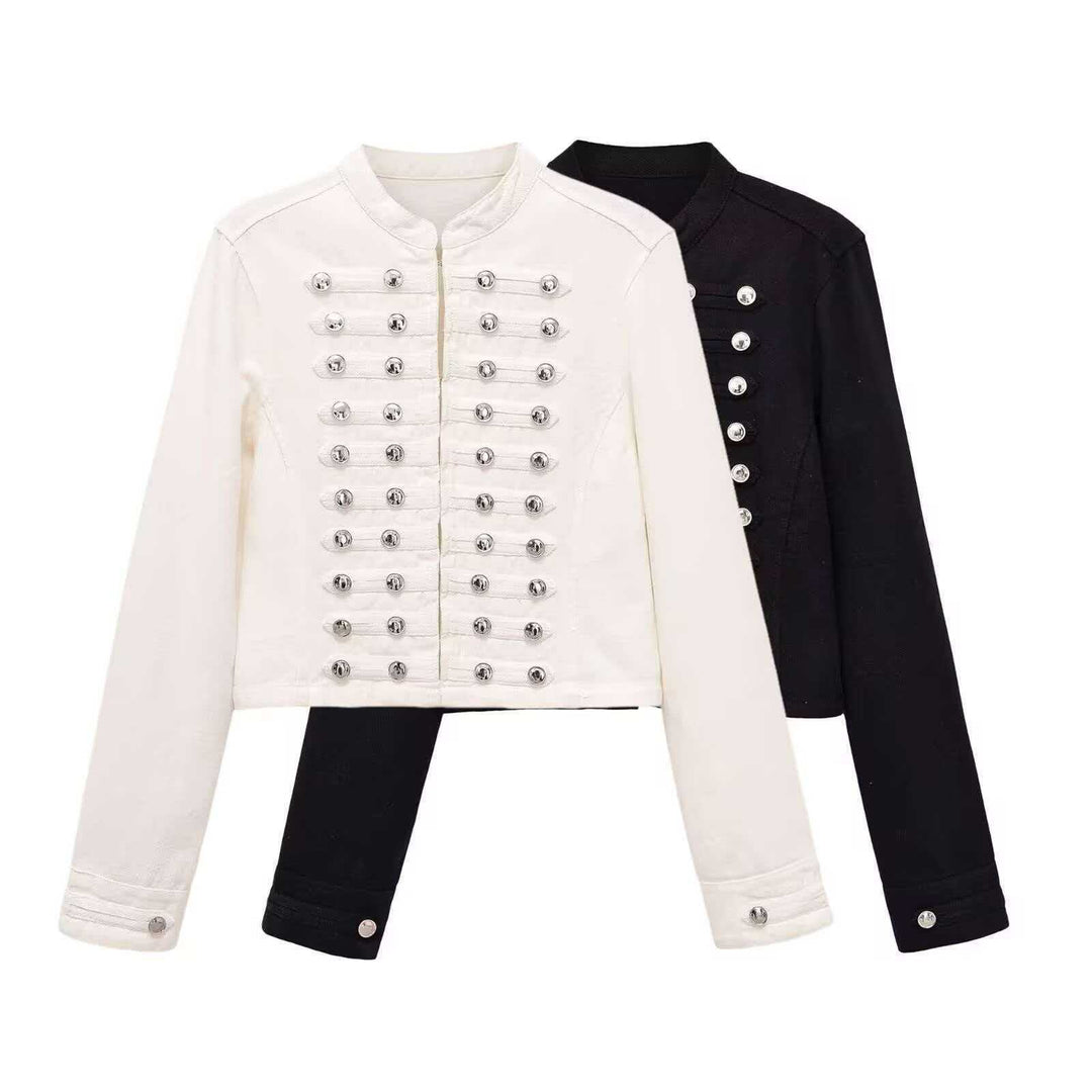 Women’s denim jacket in military style with row buttons and stand-up collar Mune Fashion