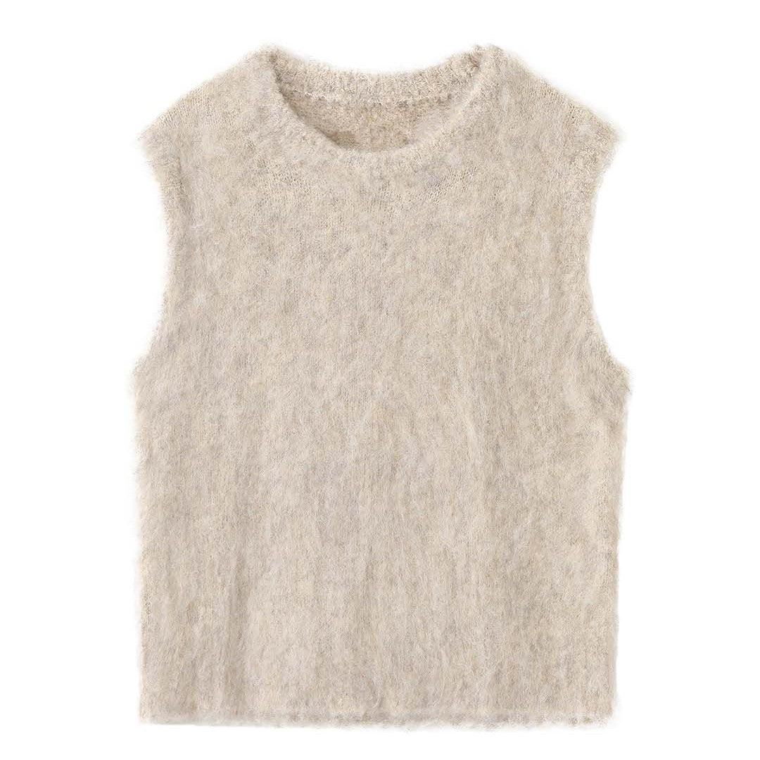 Women Fluffy Sleeveless Boxy Knit Vest with Soft Mohair Effect Mune Fashion