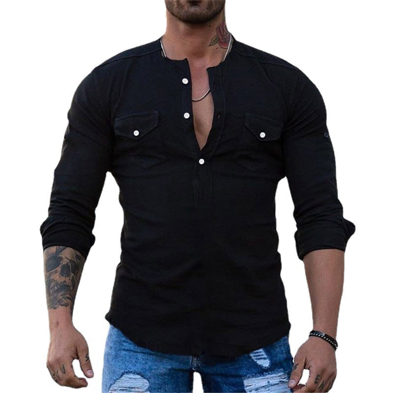 Men's Slim Fit Henley Shirt with Chest Pockets and Half Button Placket Mune Fashion