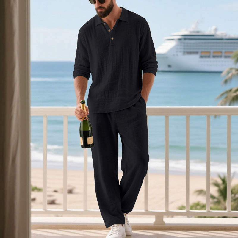 Men's relaxed cotton muslin resort set with polo collar button placket and wide comfort waistband Mune Fashion