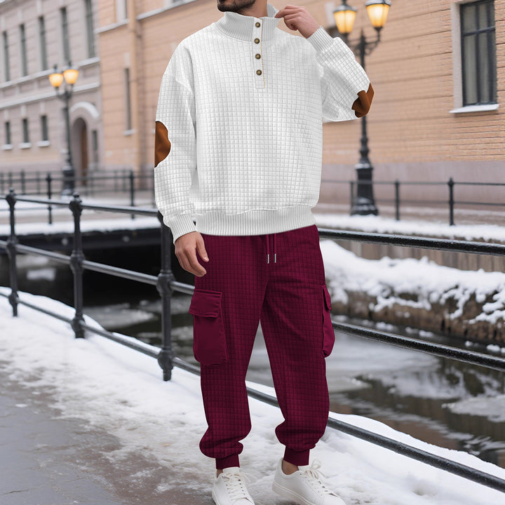 Men's check relief sweat set with stand collar button placket, velour elbow patches and cargo jogger Mune Fashion