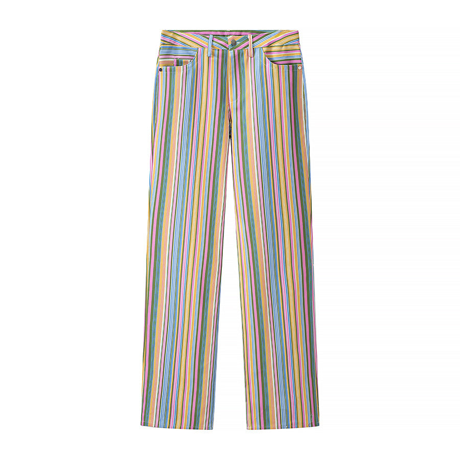 Women's Striped Straight Cut Pants with High Waist and Five-Pocket Design Mune Fashion