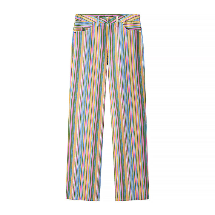Women's Striped Straight Cut Pants with High Waist and Five-Pocket Design Mune Fashion