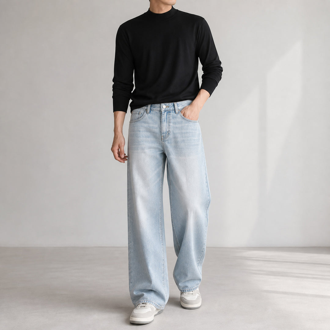 Women's Wide High-Waist Denim Pants with Wide Leg and Vintage Wash Mune Fashion