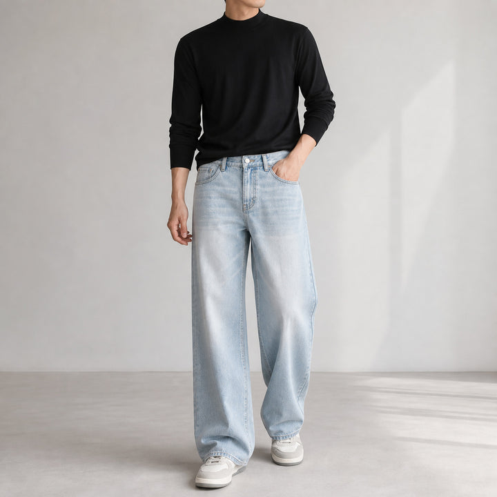 Women's Wide High-Waist Denim Pants with Wide Leg and Vintage Wash Mune Fashion
