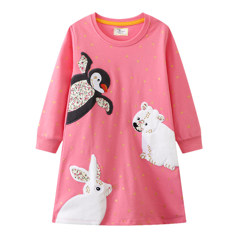 Girl Long Sleeve Dress with Cute Animal Motif Mune Fashion