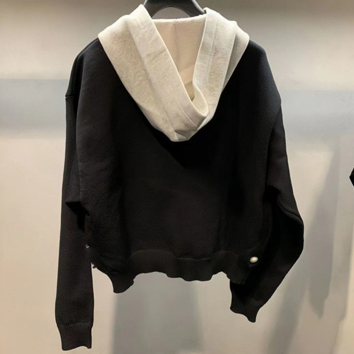 Unisex Chunky Knitted Layered Look Sweatshirt with Contrast Hood and Kangaroo Pocket Mune Fashion