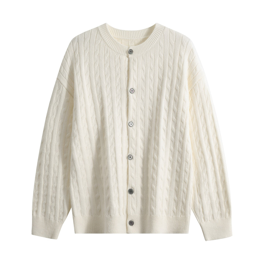 Women's chunky knit cardigan with cable pattern, round neck and continuous button placket Mune Fashion