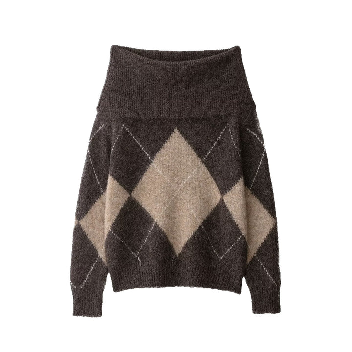 Women's Oversized Knit Sweater with Turtleneck and Diamond Pattern Mune Fashion