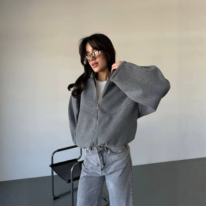 Women's Oversize Hoodie Jacket with Zipper and Drawstring Hem Mune Fashion