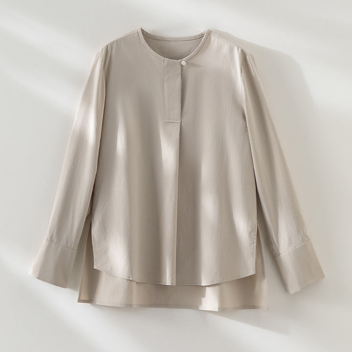 Women's Casual Long Sleeve Blouse with Hidden Button Placket, Stand Collar and Layered Hem Mune Fashion
