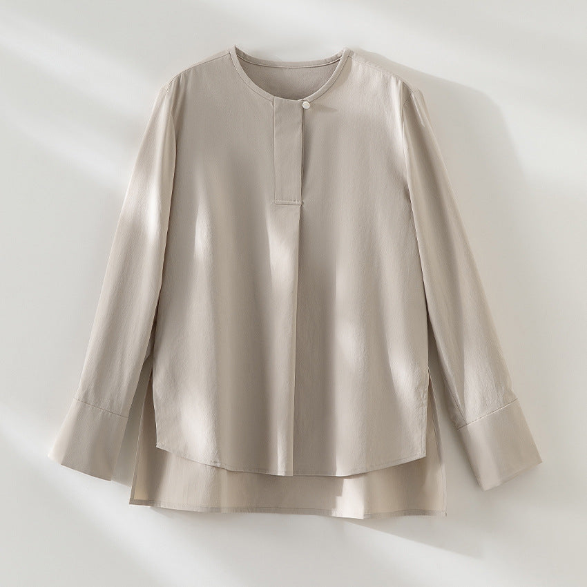 Ladies Casual Long Sleeve Blouse with Hidden Button Placket and Layered Hem Mune Fashion