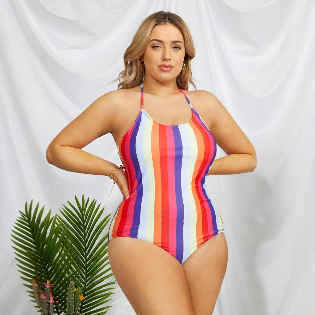 Women's One-Piece Swimsuit with Fashionable Striped Pattern Mune Fashion