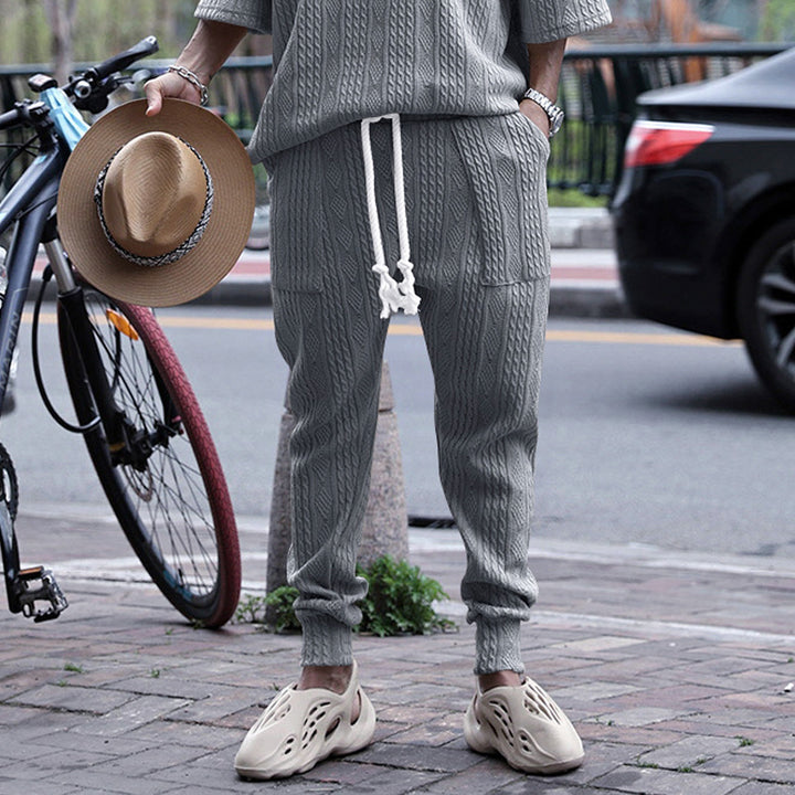 Men's Structured Knit Jogging Pants with Drawstring, Decorative Cord & Elastic Ankle Cuffs Mune Fashion