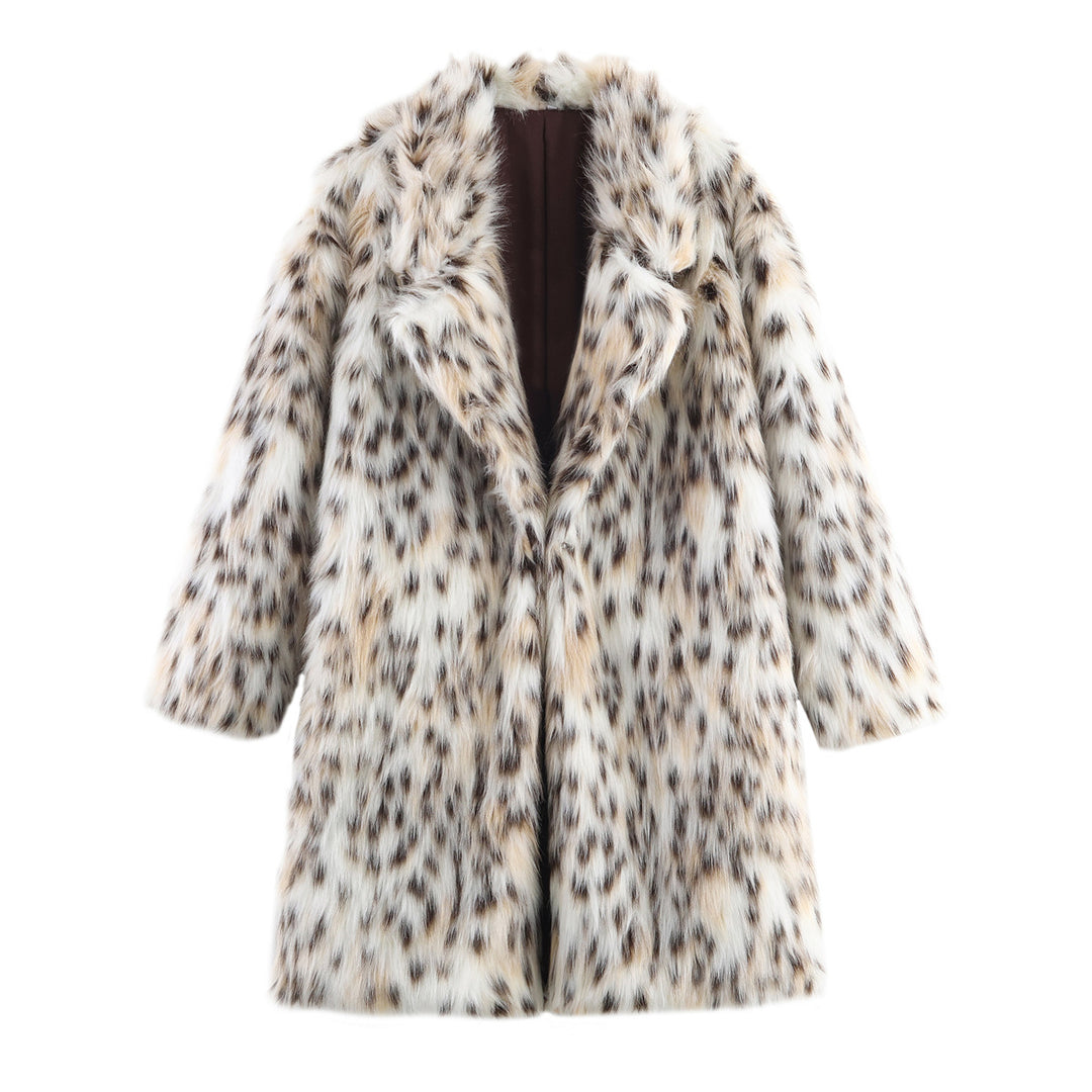Women's midi coat made of faux fur with leopard print, oversized fit and shawl collar Mune Fashion
