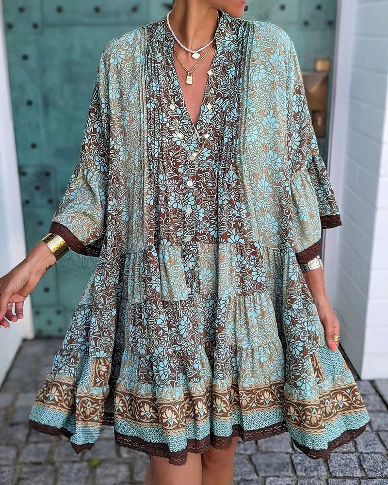 Women's airy Boho tiered dress with V-neck wide batwing sleeves and lace trim Mune Fashion