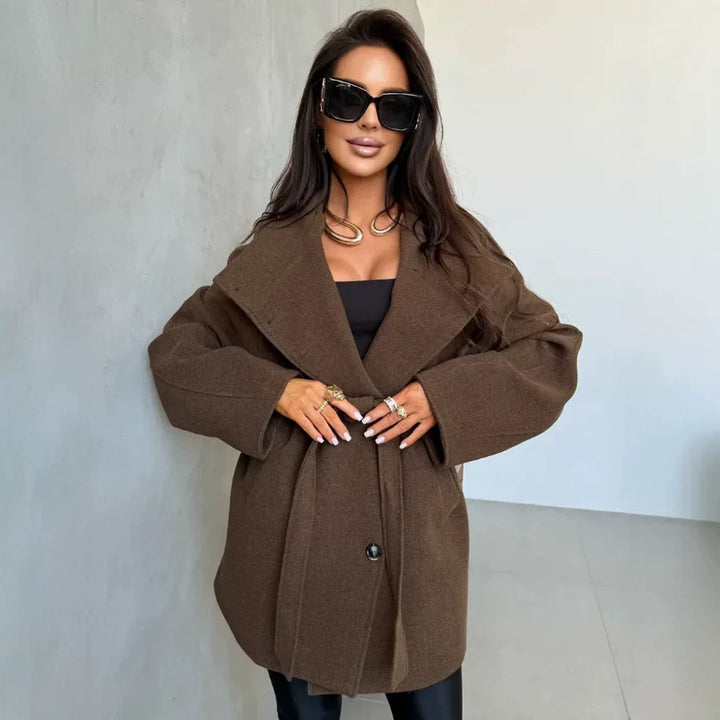 Women's short coat in cocoon cut made of wool blend with oversized shawl collar and tie belt Mune Fashion