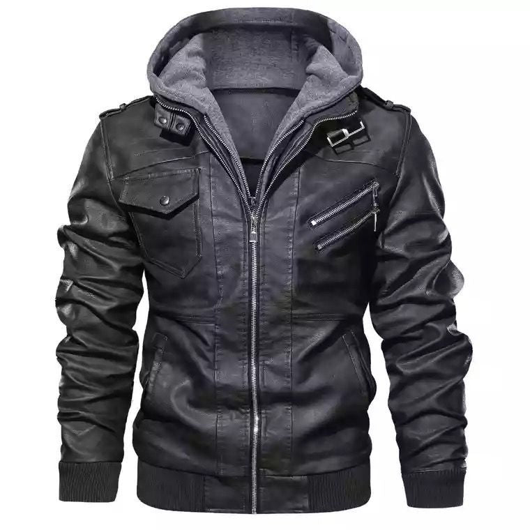 Men's Urban Faux Leather Hooded Jacket with Teddy Lining and Multifunctional Pockets Mune Fashion