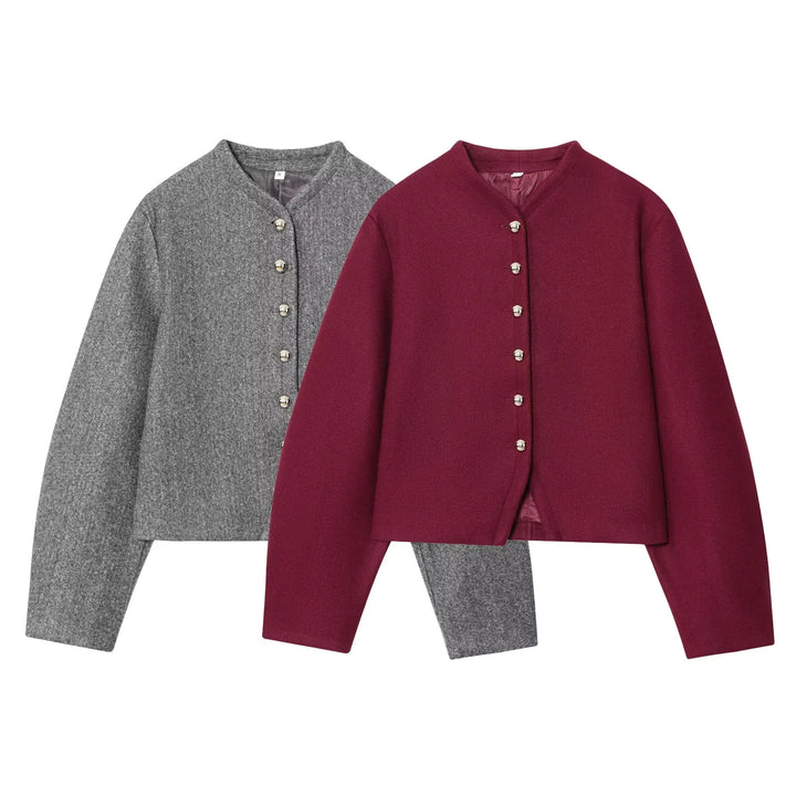 Women's casual cropped wool jacket with stand-up collar, full metal button placket and fine inner lining Mune Fashion