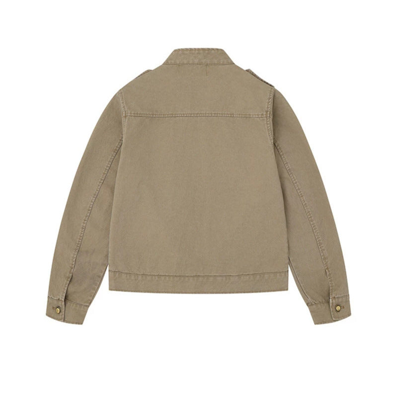 Women's military-inspired cotton canvas jacket with stand-up collar, decorative button plackets, and shoulder epaulets Mune Fashion