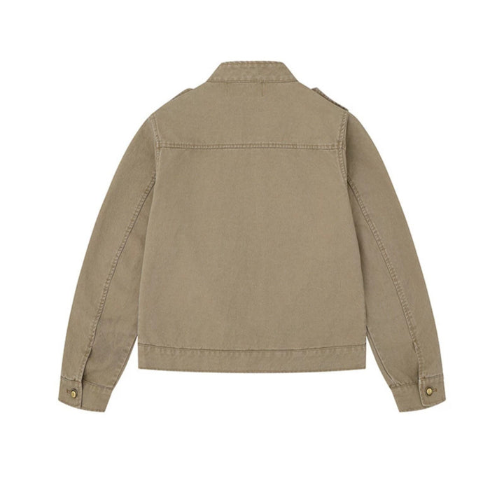 Women's military-inspired cotton canvas jacket with stand-up collar, decorative button plackets, and shoulder epaulets Mune Fashion