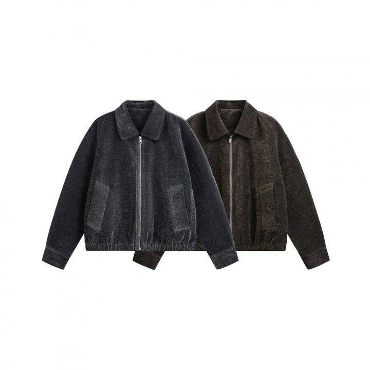 Men's short jacket made of teddy fleece with shirt collar, zipper, and elastic hem Mune Fashion