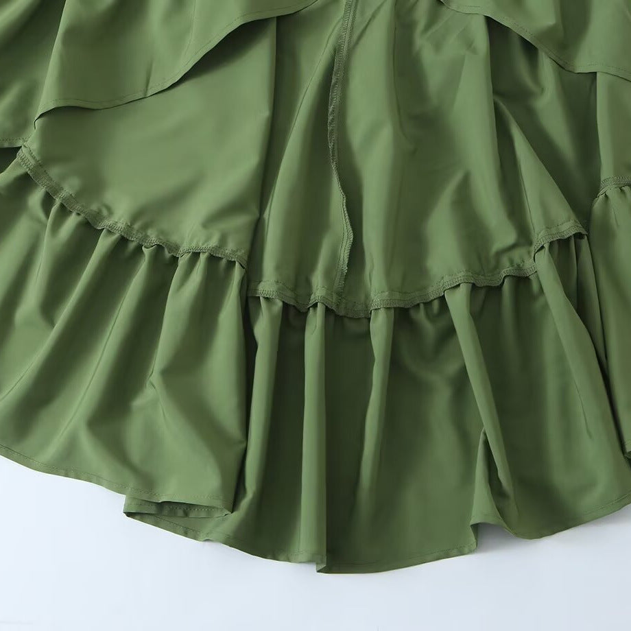 Women's Flowing Maxi Dress with Balloon Sleeves, Ruffle Details and Stand Collar Mune Fashion