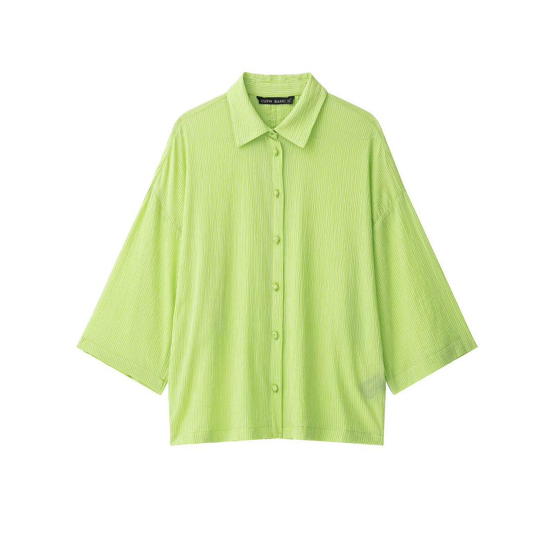 Women's Oversize Shirt Blouse made of Crinkle Fabric with Wide Sleeves and Continuous Button Placket Drune