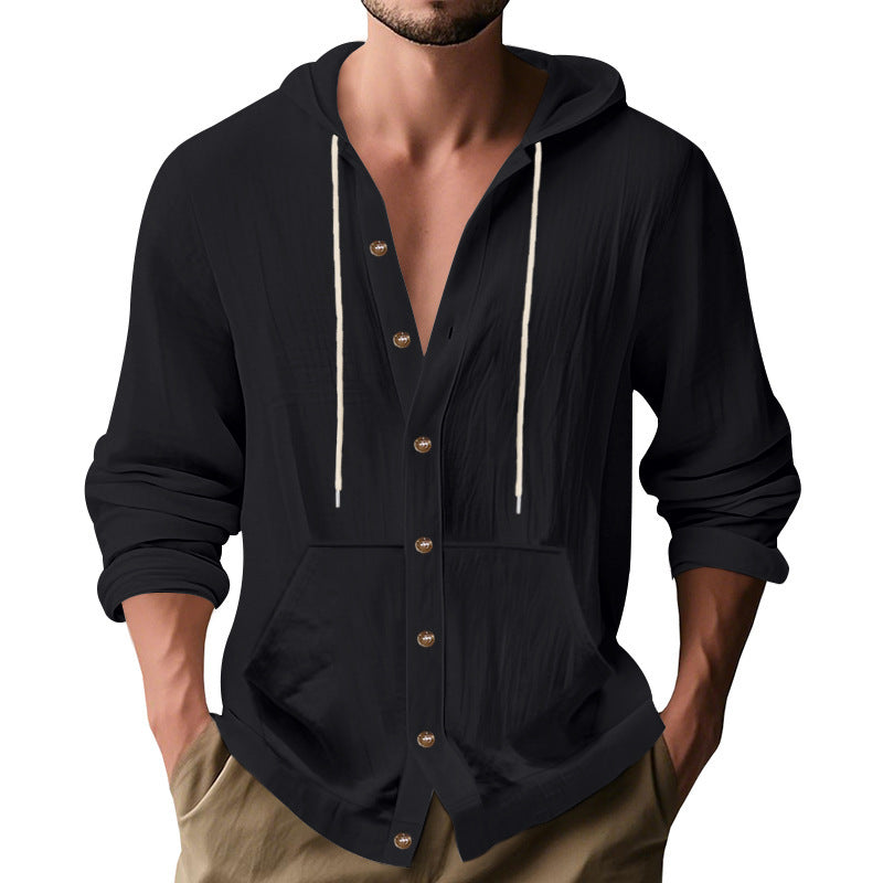 Men's button-closed hooded shirt jacket made of lightweight cotton blend with kangaroo pocket Mune Fashion