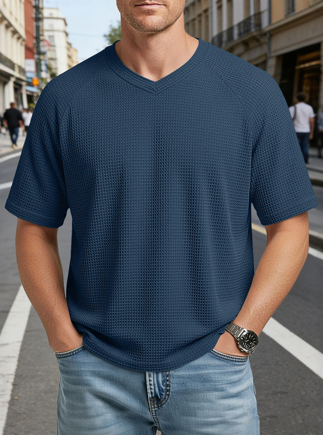 Men's casual V-neck waffle knit T-shirt made of breathable cotton blend Mune Fashion