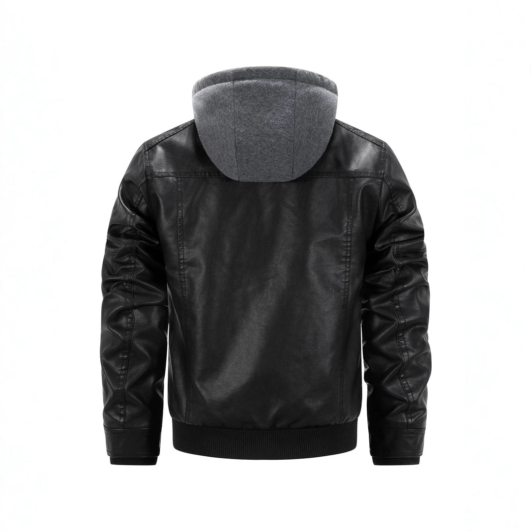 Men's Faux Leather Biker Jacket with Removable Hood Panel and Quilted Side Panels Mune Fashion