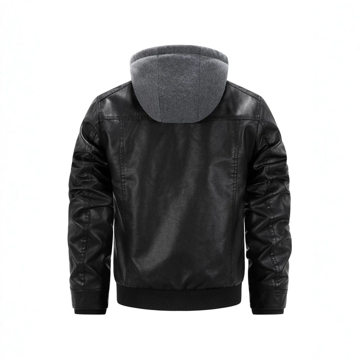 Men's Faux Leather Biker Jacket with Removable Hood Panel and Quilted Side Panels Mune Fashion