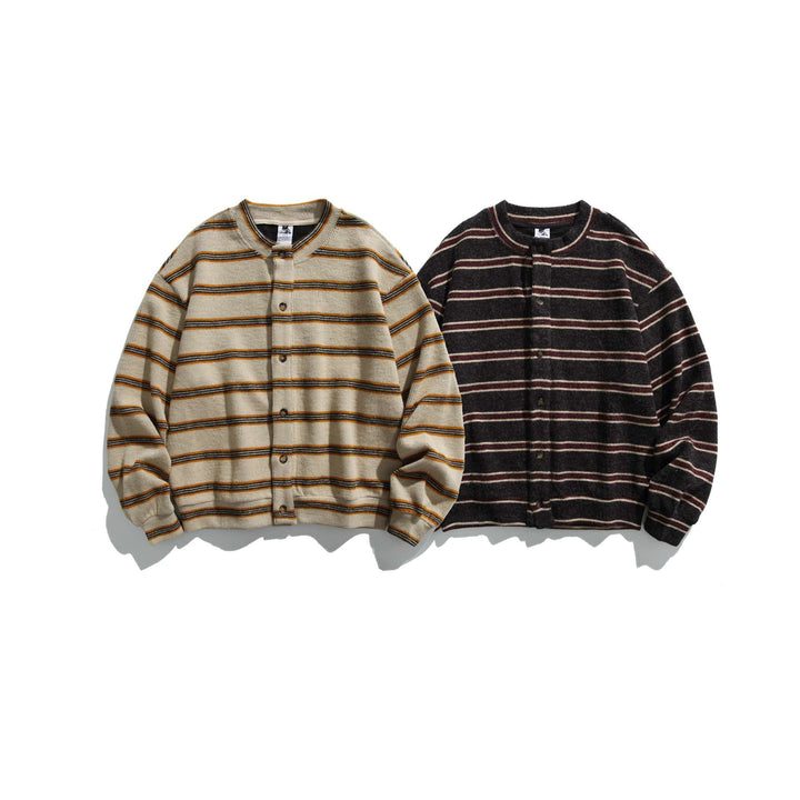 Unisex Chunky Knit Button Cardigan in Stripe Pattern with Round Neck and Wooden Buttons Mune Fashion
