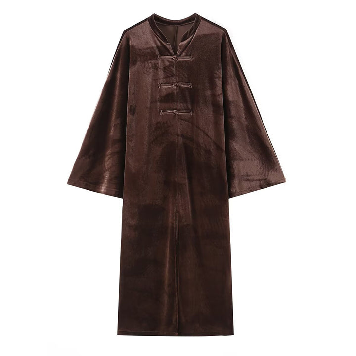 Women's Long Velvet Kimono-Style Coat with Mandarin Collar and Knot Closures Mune Fashion