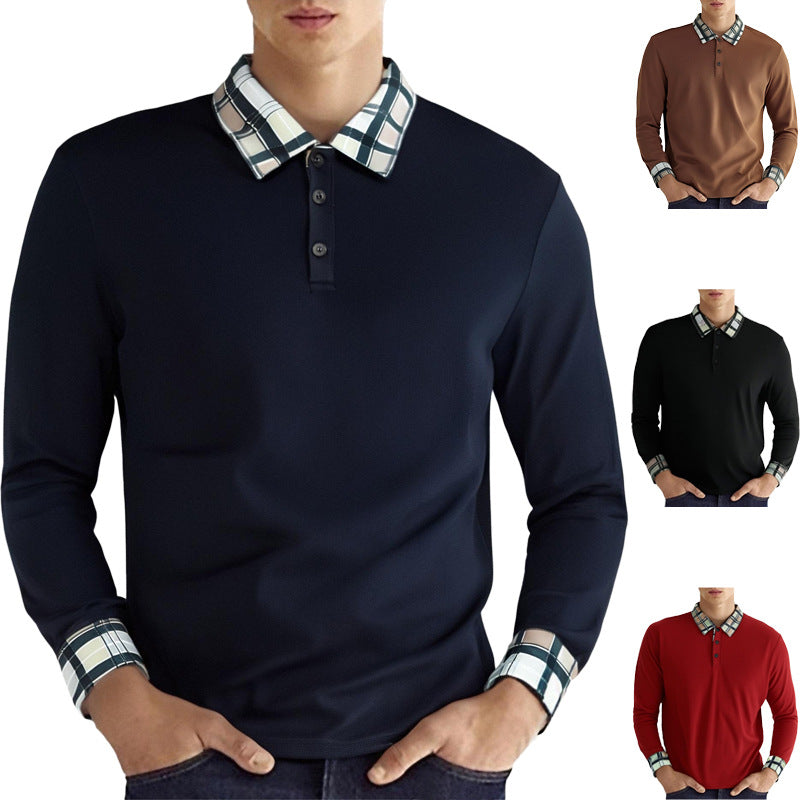 Men's figure-hugging long-sleeve polo shirt with checked collar and cuff trim Mune Fashion