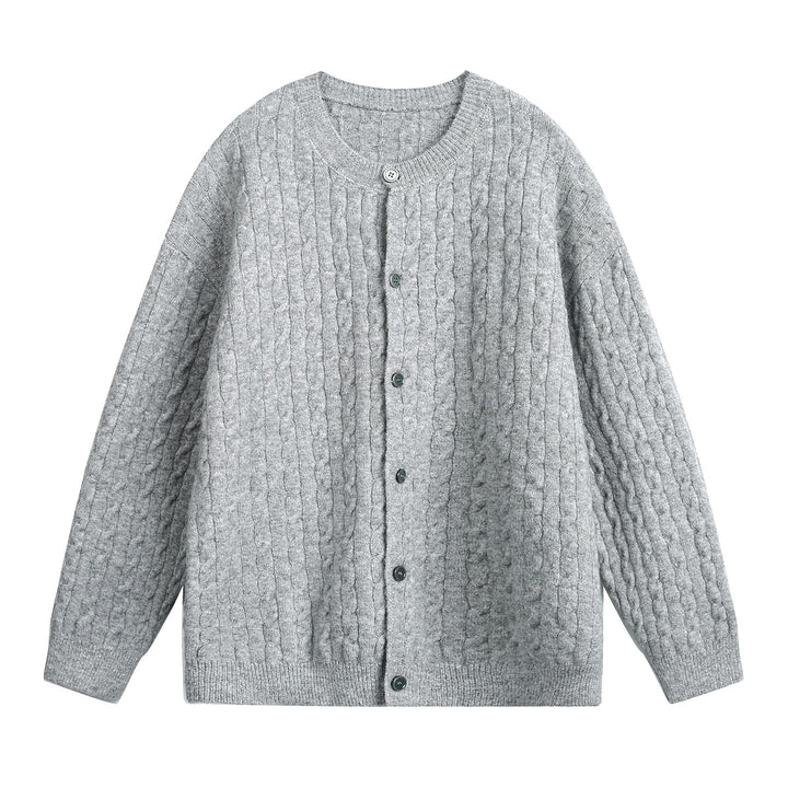 Women Oversize Cable Knit Cardigan with Round Neck, Textured Knit Surface and Pearl Buttons Mune Fashion