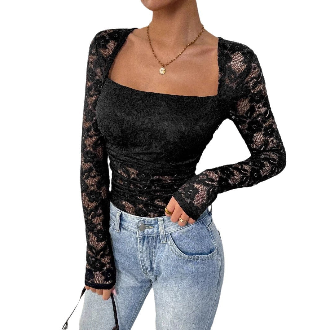 Women's figure-hugging lace top with square neckline and long sheer sleeves Mune Fashion